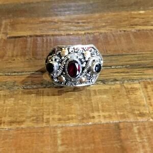 Vintage Sterling Silver Garnet Ring, Gothic Boho Ornate 925 Statement – Size 8.5